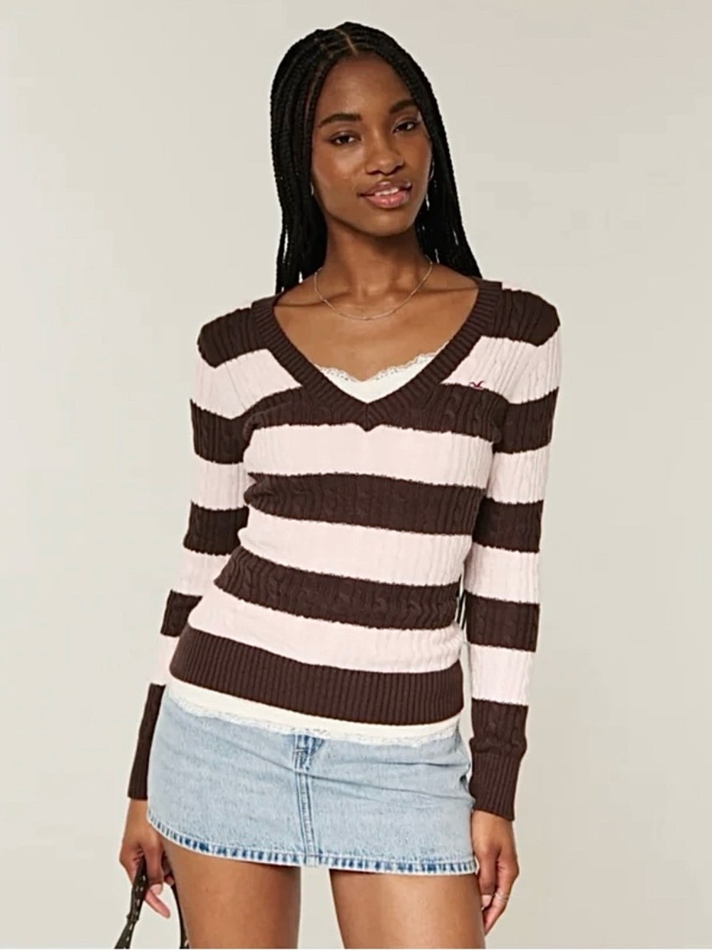 Hollister Cable Knit V-Neck Icon Sweater in Espresso Stripe Y2K